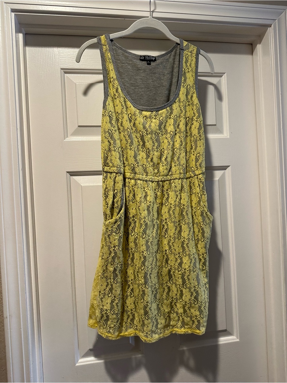 BeBop Yellow Lace Overlay Tank Dress with Gray Lining